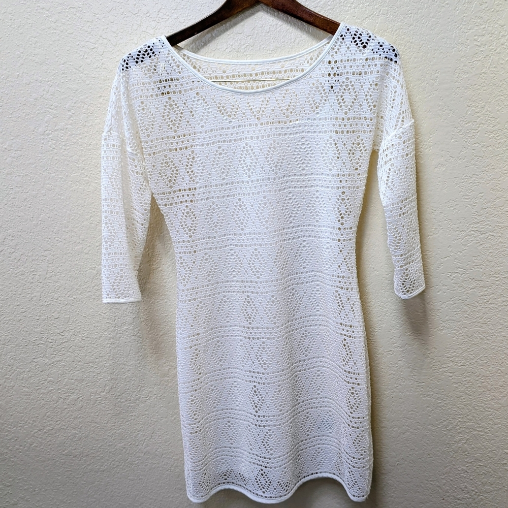 Express Womens White Lined Bodycon Dress Open Lace 3/4 Sleeve. Size Small